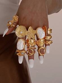 14 pezzi Set di gioielli in stile bohémien vintage, con design asimmetrico, geometrico, a linee e floreale, con effetto stropicciato, adatto per uso quotidiano, feste, festival, come regalo di compleanno per le donne - Oro giallo - Visualizzare 6