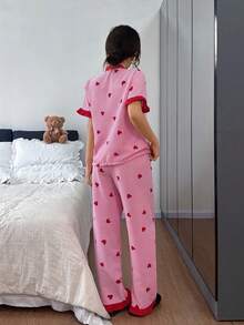 Dreamivo 情人节荷叶边优雅女士睡衣套装 - 条纹爱心图案V领短袖上衣和长裤，轻薄睡衣 - 紅色 - 查看 2