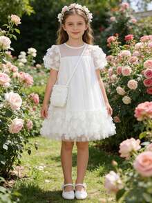 Girl Mesh Splicing 3D Flower Fashion Princess Dress With Sling Bag, Summer - White - View 1