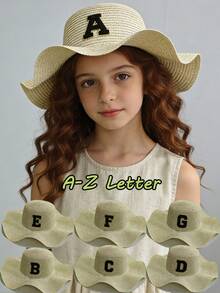1顶女童草编宽檐帽，A-Z黑色字母标签，可定制度假防晒日常百搭帽，个性化定制户外帽 - 卡其色 - 查看 1