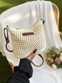 Women's Straw Shoulder Crossbody Bag, Summer Beach Bag - Beige - View 6