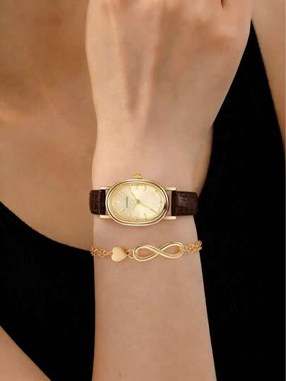 LIANDU 2pcs Fashionable Casual Women's Watch+Bracelet Set, Simple And Compact Business PU Leather Strap, Worn For Daily Use, Suitable As A Gift For Family And Friends On Holidays, Anniversaries, Mother's Day, Thanksgiving, Etc