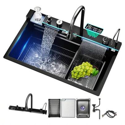 Kitchen Sink Modern Kitchen Sink Waterfall Spout LED Display Piano-Style Buttons Includes 3-Function Faucet, Water Purifier Tap, Soap Dispenser, And Glass Washer-Meeting All Daily Needs. An Essential Sink For Modern Kitchens, Seamlessly Blending Practical Functionality With Stylish Design. (75cm X 45cm X 21cm)