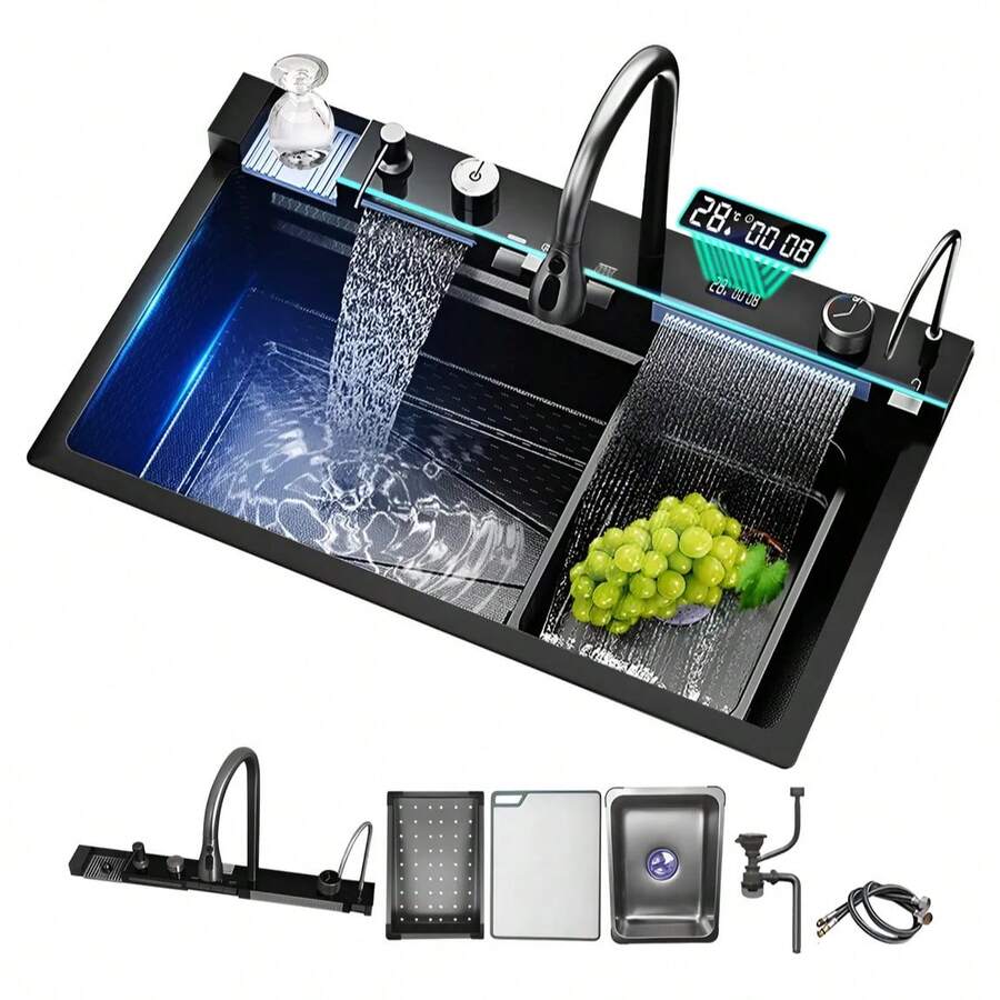 Kitchen Sink Modern Kitchen Sink Waterfall Spout LED Display Piano-Style Buttons Includes 3-Function Faucet, Water Purifier Tap, Soap Dispenser, And Glass Washer-Meeting All Daily Needs. An Essential Sink For Modern Kitchens, Seamlessly Blending Practical Functionality With Stylish Design. (75cm X 45cm X 21cm) - 75*45*21cm - View 1