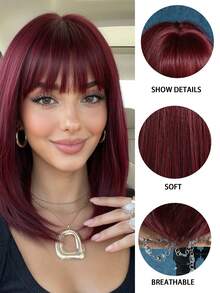 Tóc giả màu đỏ rượu vang, dài vừa phải 16 inch, có mái, được làm từ sợi tổng hợp chịu nhiệt, dễ đội và dễ bảo quản, phù hợp cho phụ nữ sử dụng hàng ngày, lễ hội, tiệc tùng và cosplay. - Màu Đỏ Sâu - Xem 9