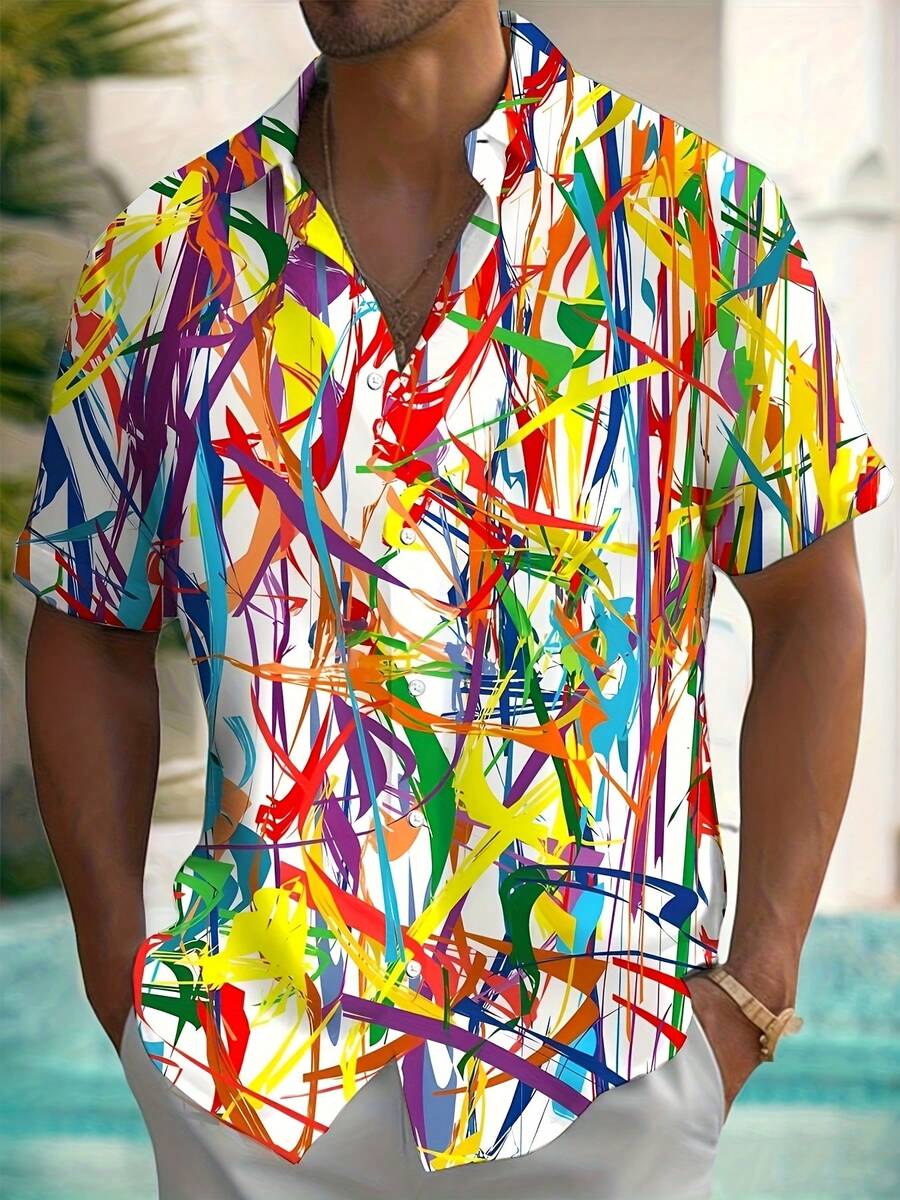 Abstract Rainbow Splash Pattern Symbolizes Freedom Of Expression And Energy Of Creativity Mens 3D Printed Casual Button Up Short Sleeve Shirt Summer Fashion Top - 白色 - 查看 1