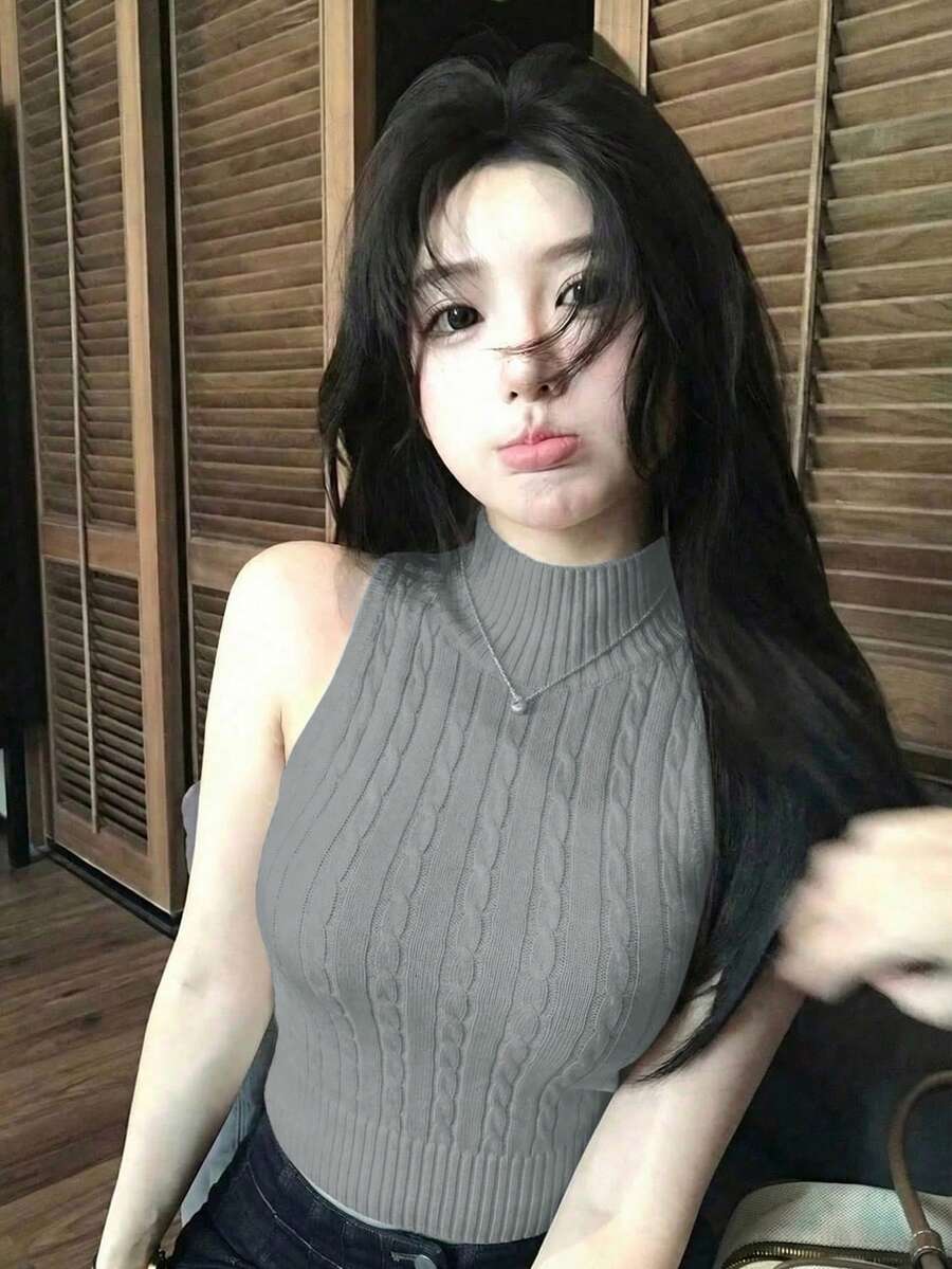女士白色针织无袖背心，法式时尚修身设计上衣 - 灰色 - 查看 1