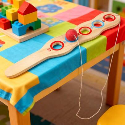 1个木制球拍游戏套装，带绳子，手眼协调感官训练玩具，成人互动接球游戏，室内外派对礼品