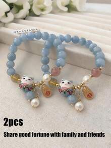 2条/1条招财猫手链，配仿蓝水晶陶瓷猫吊坠，风水好运饰品，女士招财保佑手链 - 藍色 - 查看 10