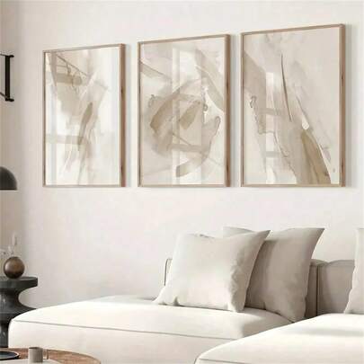 3幅米色和棕色墙面艺术海报，中性现代笔触帆布印刷抽象画，适用于客厅、卧室、家庭办公室、宿舍墙面装饰，带框/不带框，墙面艺术