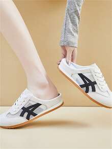 Shoes 夏季透气网面穆勒鞋，复古系带休闲鞋，轻便防滑平底步行鞋 - 米色 - 查看 5