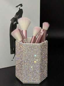 1个闪亮水钻化妆刷收纳盒，六角形水晶化妆品收纳杯，梳妆台收纳架 - 白色 - 查看 4