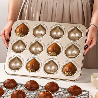 1个玛德琳栗子蛋糕模具，不粘6/9/12孔玛德琳造型烤盘，适用于家用烤箱烘焙，不粘涂层，优质碳钢蛋糕模具，易脱模易清洗，适合家庭聚会DIY蛋糕，烘焙模具，厨房配件