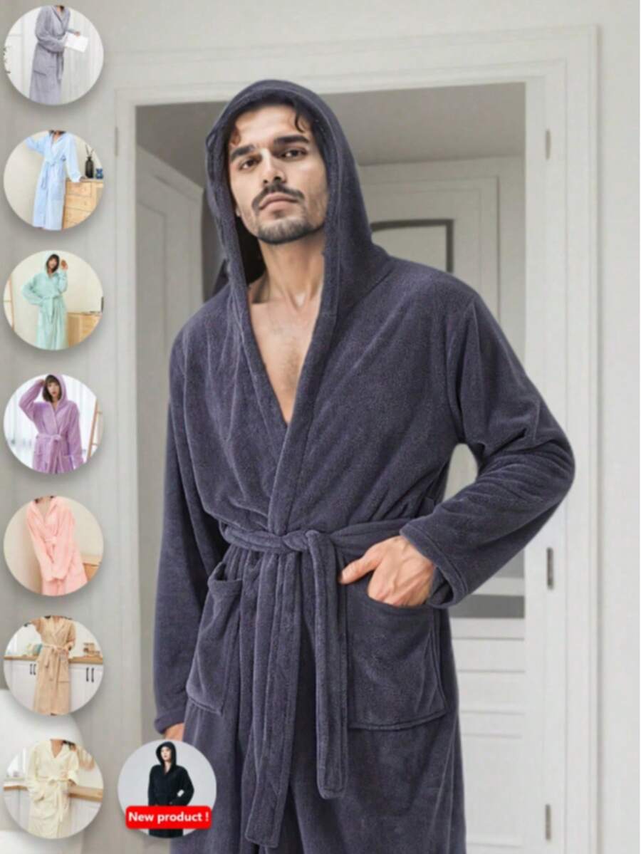Roupão de banho com capuz unissex adulto em fleece coral, cor sólida, macio e absorvente, ideal para dormir ou como presente de Natal para homens. - Multicolorido - Ver 1