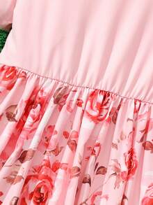 Girls' Ink Flower Print Patchwork Round Neck Short Sleeve Casual Dress, Suitable For Older Tween Girl - Pink - View 6