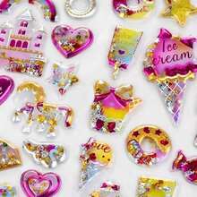 可重复使用的3D闪光金色亮片贴纸，热压亮片贴纸，适用于剪贴簿、日记、相册、信封、DIY工艺品，卡通浮雕3D贴纸，趣味可爱水晶贴纸（随机款式） - 彩色 - 查看 2