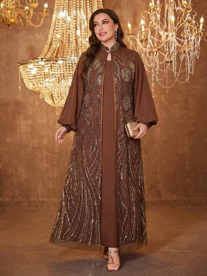  SUPGIR [Random Print] Plus Size Women Long Sleeve Reversible Waist Belt Sequin Patchwork Evening Dress