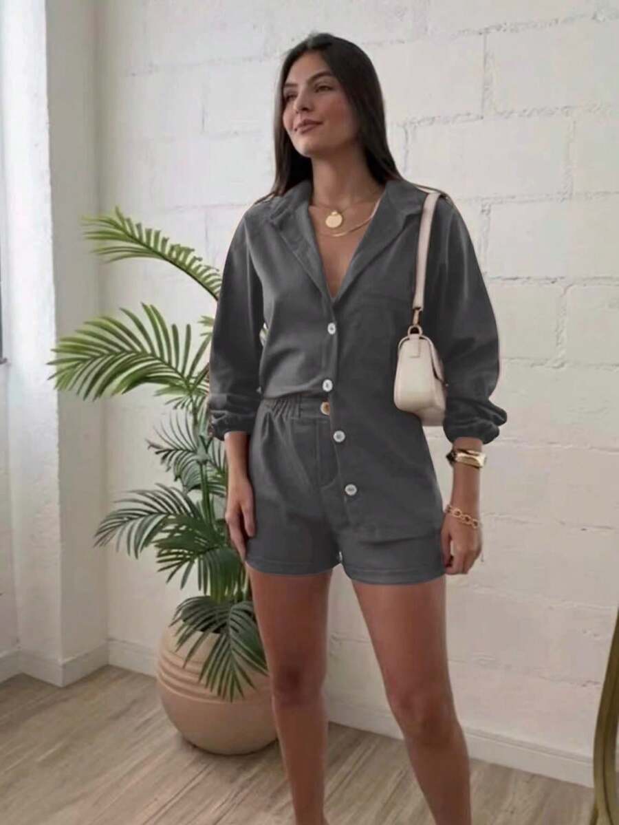 Combination Set Consisting Of A Long-Sleeved Top And Shorts. - Dark Grey - View 1
