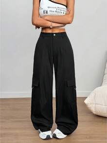 Women's Stylish And Chic Solid-Color Cargo Pants, Loose And Practical With Multiple Pockets, Sweet And Casual, Perfect For Street Style, Brunch, And Spring And Summer Outfits. - màu đen - Xem 7