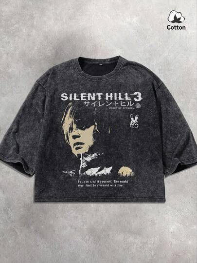 Men's Summer Street Fashion Vintage Poster Graphic Square Box Cropped T-Shirt, Stretchy Washed Black Casual Everyday Wear Box Cropped Tee