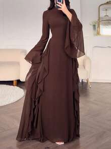 Women's Elegant Ruffled Trim Fitted Long Sleeve Chiffon Dress, Coffee Color, Spring/Summer - Brown - View 6
