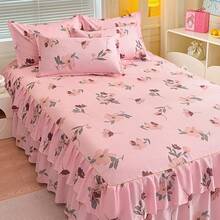 3pcs Minimalist Modern Floral Pattern Double Ruffle Bed Skirt Set, Bedroom Bedding (1 Bed Skirt, 2 Pillowcases, No Inner Core) - Pink - View 2