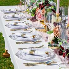 Nervure 700PCS Gold Plastic Plates - Gold Plastic Dinnerware Sets For 100 Guests - 200 Disposable Plates, 300 Silverware, 100 Cups, 100 Napkins For Wedding &Amp; Party - Vàng - Xem 4