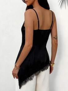女士优雅性感缎面吊带背心，蕾丝边饰，修身不对称下摆设计，适合约会和办公穿着。 - 黑色 - 查看 5