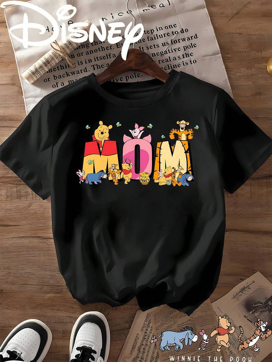 (Authorized By Disney) Winnie The Pooh, Tigger Mother's Day Printing, Lovely Winnie The Pooh Family Photo With Mother's Day Printing, Soft, Comfortable And Breathable Fabric, Suitable For Daily Wear, Shopping, Travel, Parties And Home Use. It Is Also Suitable As A Beautiful Gift. Every Woman Should Have One. - 黑色 - 查看 1