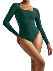 OMKAGI  Women's Long-Sleeved One-Piece Dress With A Sexy And Form-Fitting Triangle Thong Panty And One-Piece Top - 綠色 - 查看 5
