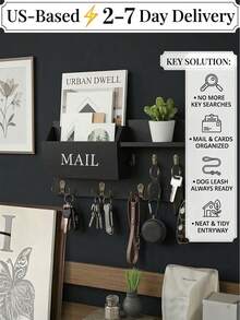 [2-7 Days Must Arrive] Aesthetic Black Wooden Floating Shelf With 6 Hooks, 15" Rustic Entryway Wall Decor For Keys & Mail, Farmhouse Style Letter Sorter For Living Room, Minimalist Wall-Mounted Display Rack For Small Plants & Photos, Chic Apartment Essentials For Home Tidying - 1PC - View 1