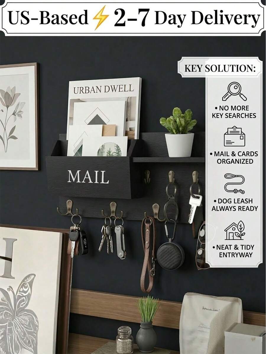 [2-7 Days Must Arrive] Aesthetic Black Wooden Floating Shelf With 6 Hooks, 15" Rustic Entryway Wall Decor For Keys & Mail, Farmhouse Style Letter Sorter For Living Room, Minimalist Wall-Mounted Display Rack For Small Plants & Photos, Chic Apartment Essentials For Home Tidying - 1PC - View 1
