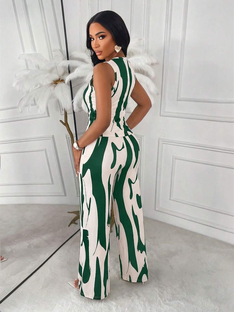 AIJ Amarilo 条纹无袖上衣 + 直筒裤两件套，优雅商务风，最新春夏女士时尚度假装扮 - 杏底綠花 - 查看 1