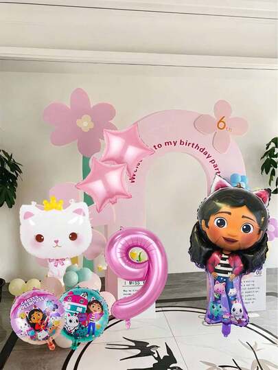 MASSDI Gabby Doll House Birthday Party Balloon Decoration Set, Includes 32-Inch Pink Number Foil Balloons (0-9), Large Gabby And Crown Cat Character Foil Balloons, Round Theme Print Balloons, And Pink Star Foil Balloons. Made Of High-Quality Aluminum Foil, Can Maintain Inflation For A Long Time, Very Suitable For Birthday Celebrations, Theme Parties, Photo Backgrounds, And Indoor/Outdoor Event Decorations, Creating A Dreamy And Joyful Atmosphere.