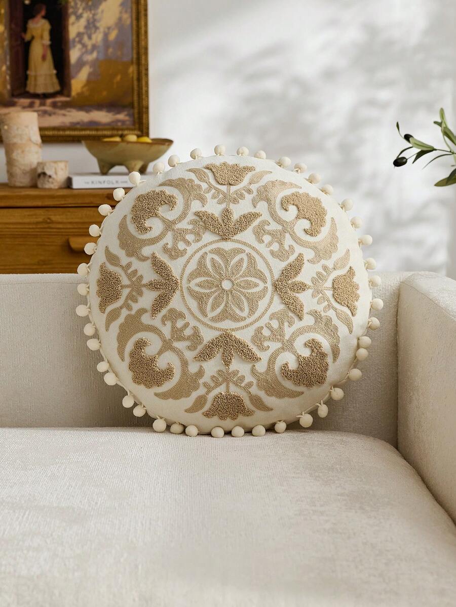 1 buah Sarung Bantal Bulat Bordir Medali Beige Tradisional, Sarung Bantal Bunga Musim Semi/Panas, Cocok untuk Dekorasi Dalam Ruangan, Sarung Bantal Sepanjang Musim, Isian Bantal Tidak Termasuk