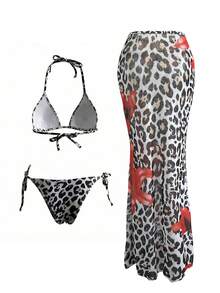 Bộ bikini 3 món dành cho nữ, họa tiết hoa nhiệt đới và da báo, kiểu dáng thanh lịch, gợi cảm, kèm váy lãng mạn, thích hợp cho kỳ nghỉ hè, đi biển và dự tiệc. - Nhiều màu - Xem 2