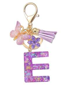 1个紫色蝴蝶字母钥匙扣，饰有闪亮亮片、流苏和珐琅花朵吊坠，时尚手提包挂件，母亲节礼物 - 淡紫色 - 查看 7