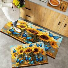 Sunflower Blue Butterfly Print Area Rug Set, Vibrant Floral Floor Mat, Non-Slip Washable Carpet For Kitchen Living Room Home Decor, Non-Slip, Absorbent, Washable Polyester, Kitchen And Laundry Area, Laundry Room | Decorative Floor | Absorbent - Multicolor - View 6