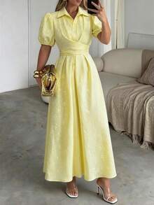 Lily House 女士柠檬黄印花衬衫裙，泡泡袖，系带腰身长裙，优雅百搭，适合春夏、度假、约会、早午餐、婚礼宾客等场合。 - 黃色 - 查看 3
