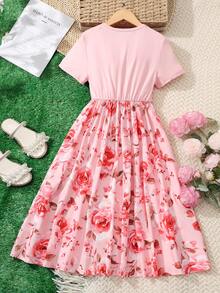 Girls' Ink Flower Print Patchwork Round Neck Short Sleeve Casual Dress, Suitable For Older Tween Girl - Pink - View 3