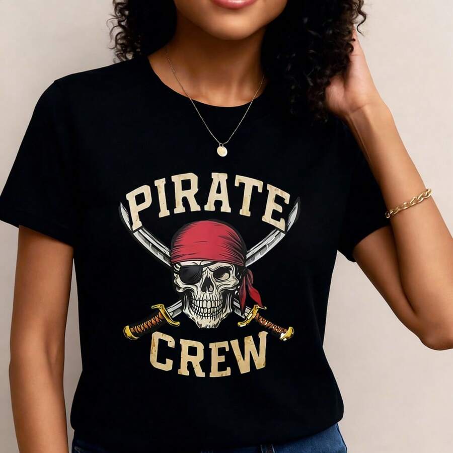 Camiseta de moda aventurera con estampado de calavera de tripulación pirata, manga corta y cuello redondo, top casual para verano y primavera, ropa de mujer- 1pcs, 180Gsm, 100% Cotton - Negro - Ver 1