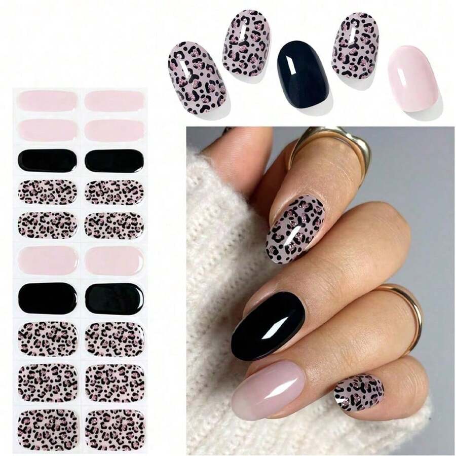 20 miếng dán móng tay gel bán khô (họa tiết da báo hồng), miếng dán móng tay gel, cần đèn UV để làm khô, chất lượng salon, bền lâu. - Nhiều màu - Xem 1