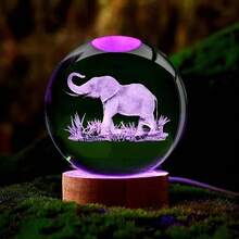 3D Laser Engraved Elephant Crystal Sphere Ornament With Wooden Base, Auto Multi-Color Glow Crystal Globe Table Decor, Wildlife Animal Keepsake Gift For Home Bedroom Desk Display, USB Powered, No Batteries Needed, Not Waterproof - Multicolor - View 7