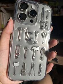 Funda de teléfono transparente con diseño de herramienta chapada en metal, estilo gótico punk, compatible con iPhone 13/14/15/16/17 Pro Max, estilo personalizado, protección de cámara, estilo Ins, cubierta trasera transparente de resina, diseño de nicho - transparente - Ver 11