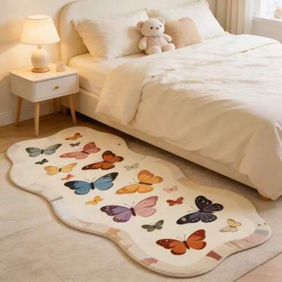 1 件装不对称蝴蝶造型地毯，创意彩色蝴蝶印花地毯，非常适合床边使用，长款地垫，温暖舒适的米色家居装饰地毯，理想的节日礼物，装饰地毯，卧室装饰，小地毯，地毯，家居装饰，客厅地毯，客厅小地毯，卧室地毯，客厅家居装饰，户外地毯，可水洗地毯
