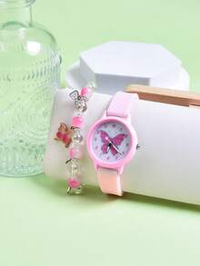 Bộ 2 chiếc đồng hồ trẻ em dây đeo silicon mềm mại dễ thương, đồng hồ đeo tay thạch anh hình bướm hoạt hình dành cho học sinh tiểu học, vòng tay đính hạt có mặt dây chuyền hình bướm. - Hồng - Xem 8