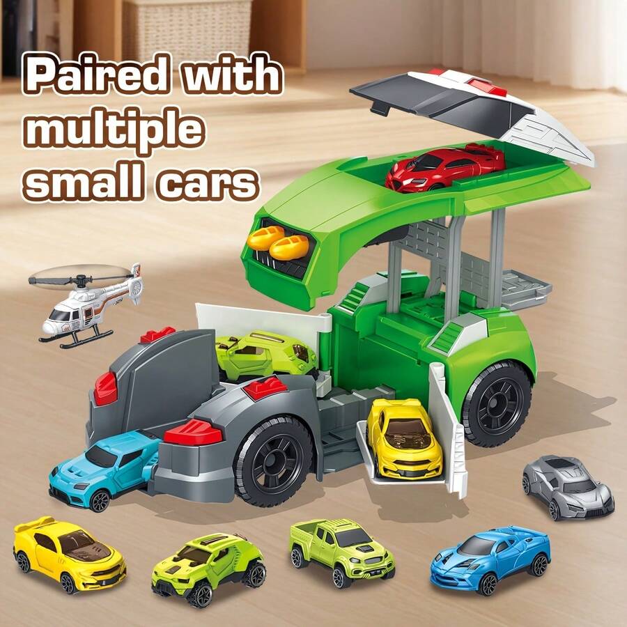 5-In-1 Transformable Green Car Toy Set - DIY Assembly Car Playset With Helicopter And Mini Car, Large Transporter Truck Transformable Into Gas Station, Construction Toy For Kids - Multicolor - View 1
