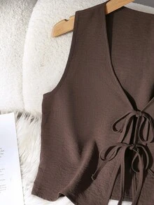 Plus Size Solid Color Casual Knotted 2 Pieces Set For Women, Spring/Summer Vacation Elegant Brown - Brown - View 3