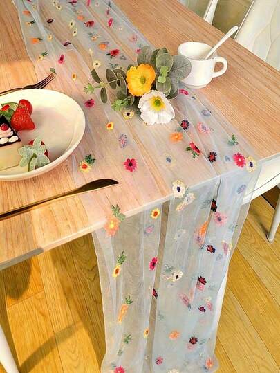 1pc White Floral Daisy Embroidered Table Runner, Featuring Colorful Flowers And Semi-Sheer Mesh Fabric, Suitable For Parties, Weddings, Graduations And More
