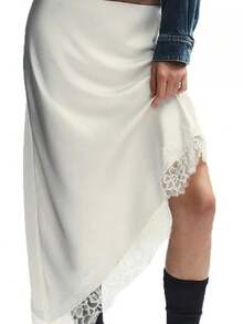 Women Satin Lace Long Skirt Elastic Waist Silky Lace Trim Midi Skirt Y2k Half Slip Maxi Skirts For Under Dress - 白色 - 查看 1